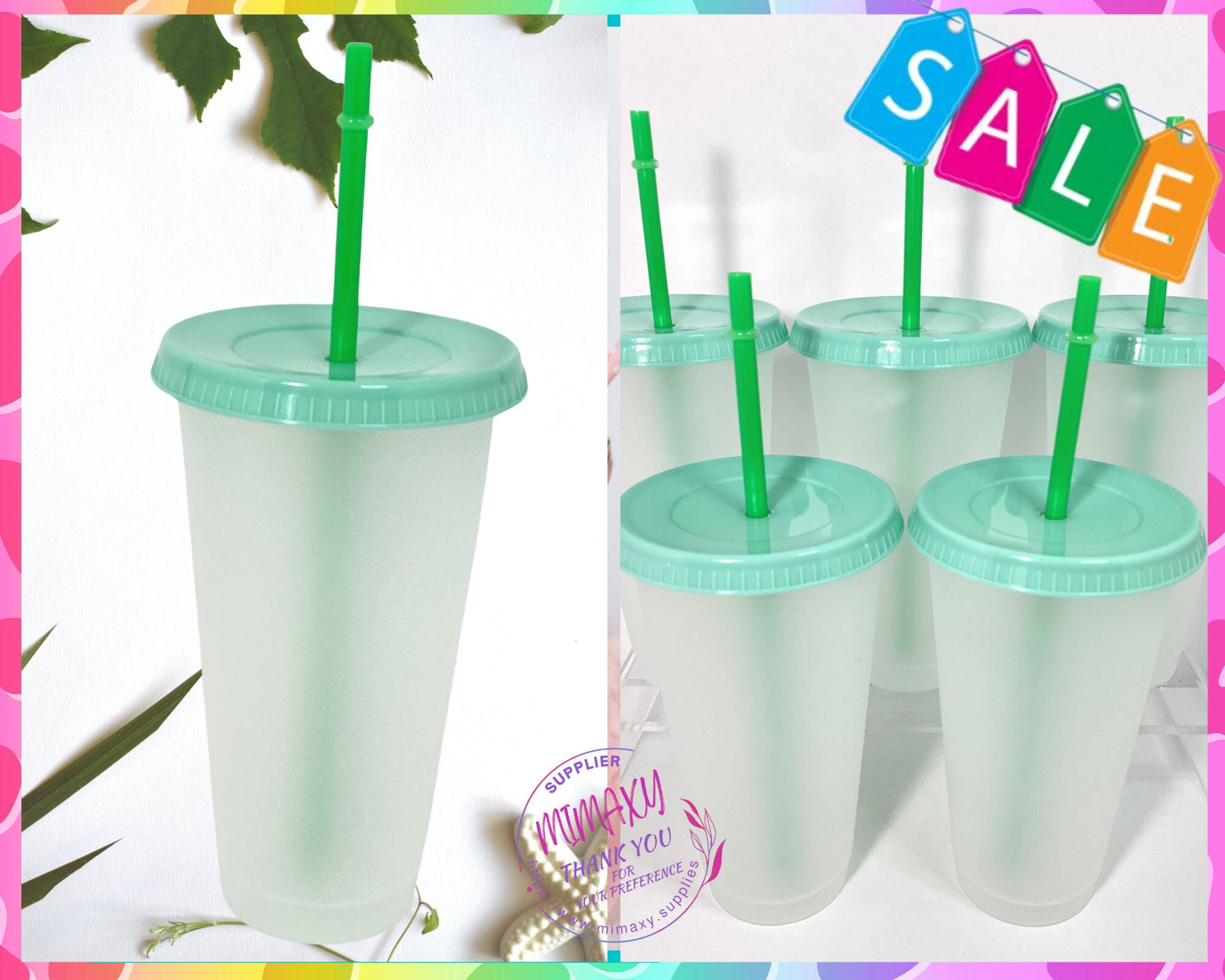 24 oz, FROSTED Plastic Cups, tumbler, reusable, lid color, blue, green, pink, red, fiusha, 5cups per Pack / DIY/ Perfect for crafting/ Blank