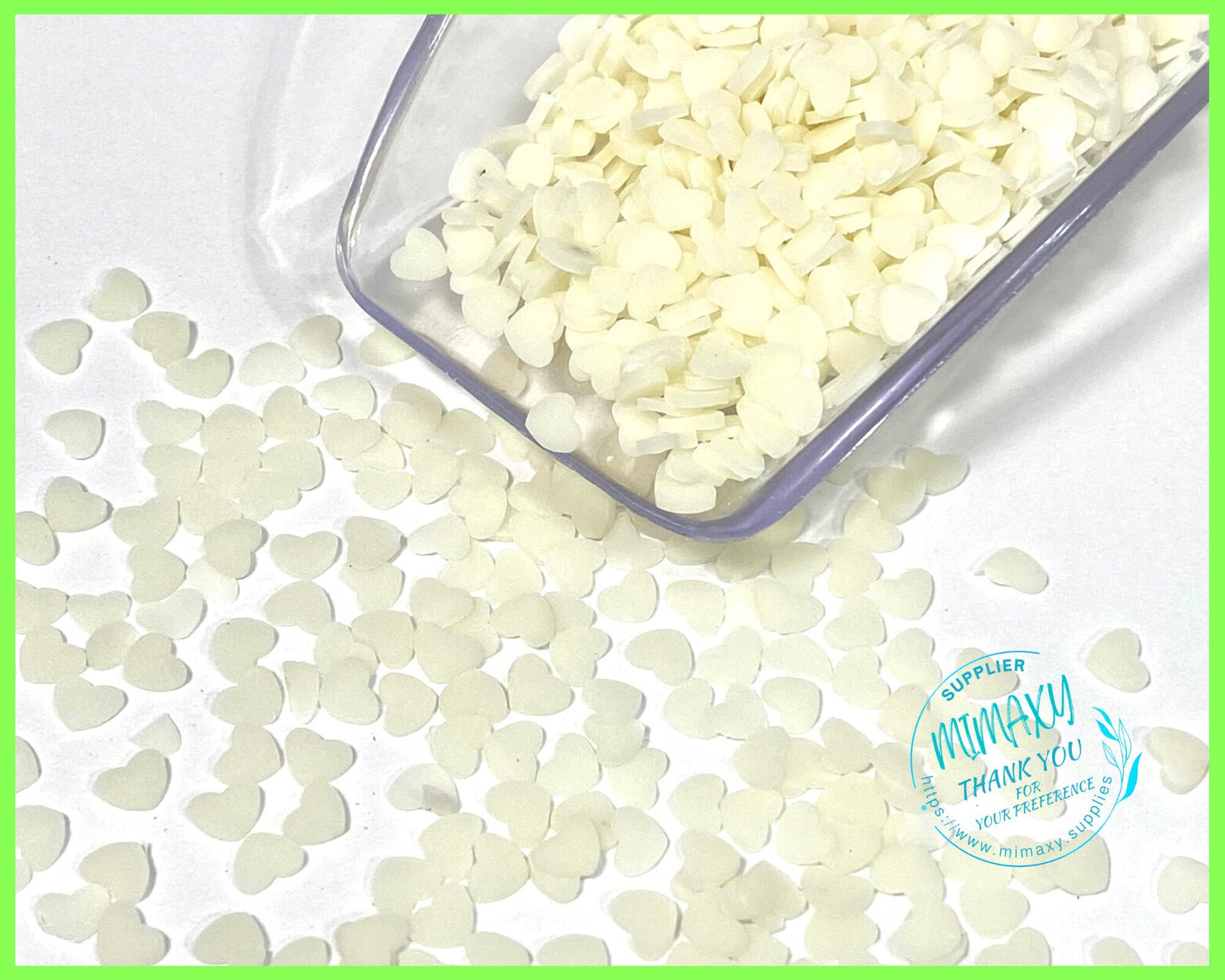 5mm. HEART, Luminous, Polymer Clay Slices, shape glitter, Solvent Resistant, Tumblers, Cups, Slime, Nail art, Deco, GLOW In The DARK 001