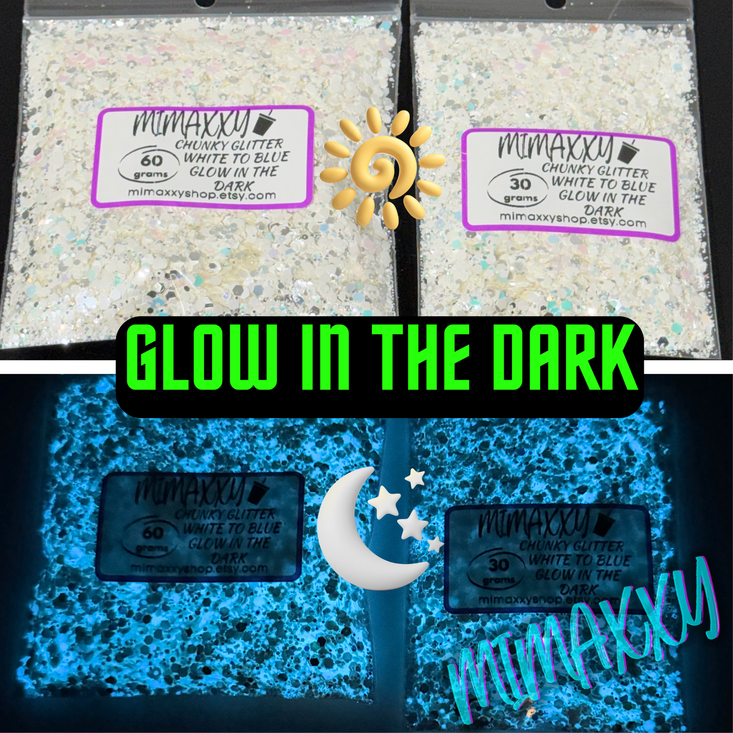 WHITE TO BLUE , GLOW IN THE DARK, Shaped Glitter, Chunky Glitter Mix, Cosmetic Glitter,Nail Art, Resin art,Snow Globe Tumbler,Craft
