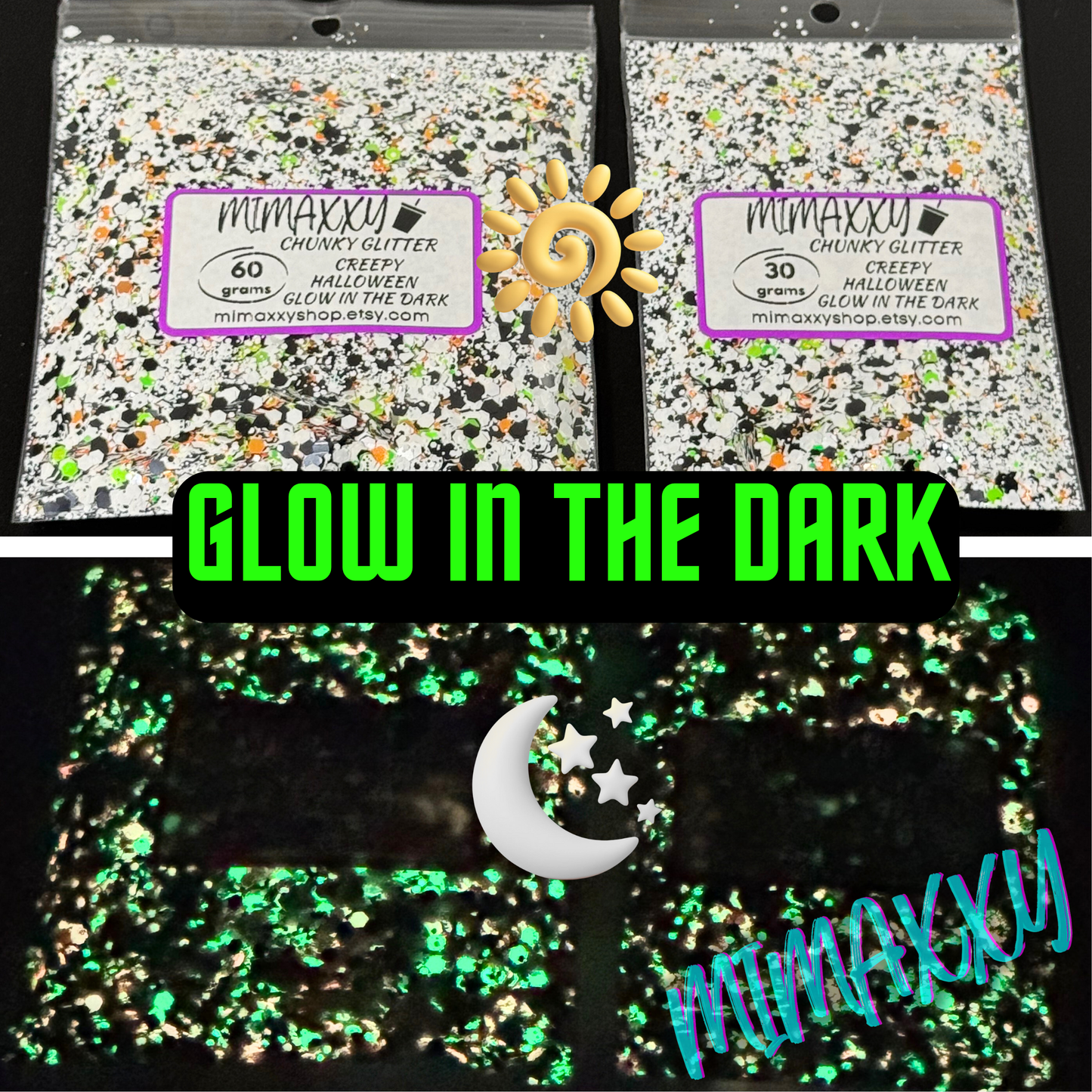 CREEPY HALLOWEEN , GLOW IN THE DARK, Shaped Glitter, Chunky Glitter Mix, Cosmetic Glitter,Nail Art, Resin art,Snow Globe Tumbler,Craft