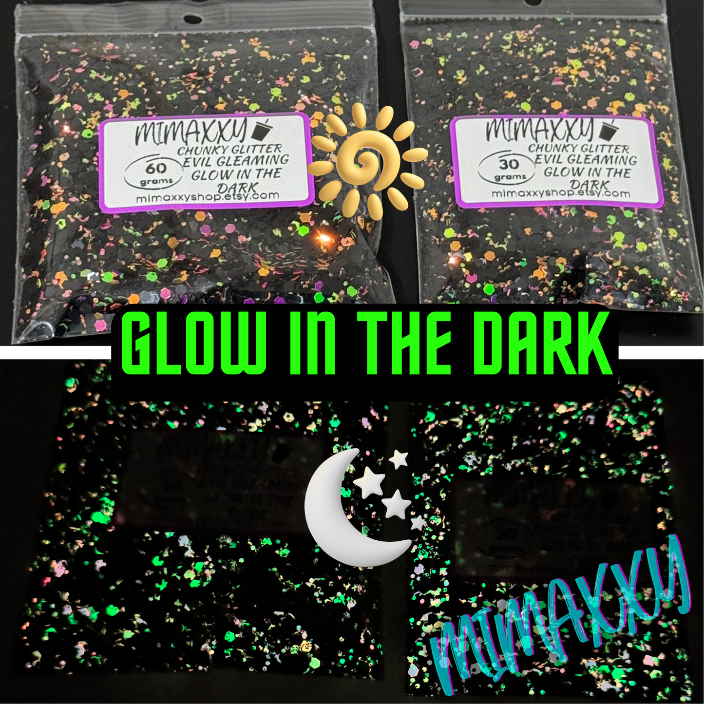 EVIL GLEAMING , GLOW IN THE DARK, Shaped Glitter, Chunky Glitter Mix, Cosmetic Glitter,Nail Art, Resin art,Snow Globe Tumbler,Craft