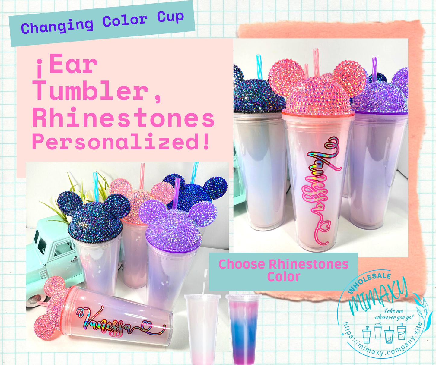 24oz Personalized Rhinestones Cup Mouse Ears Tumbler Changing color with cold Beverages