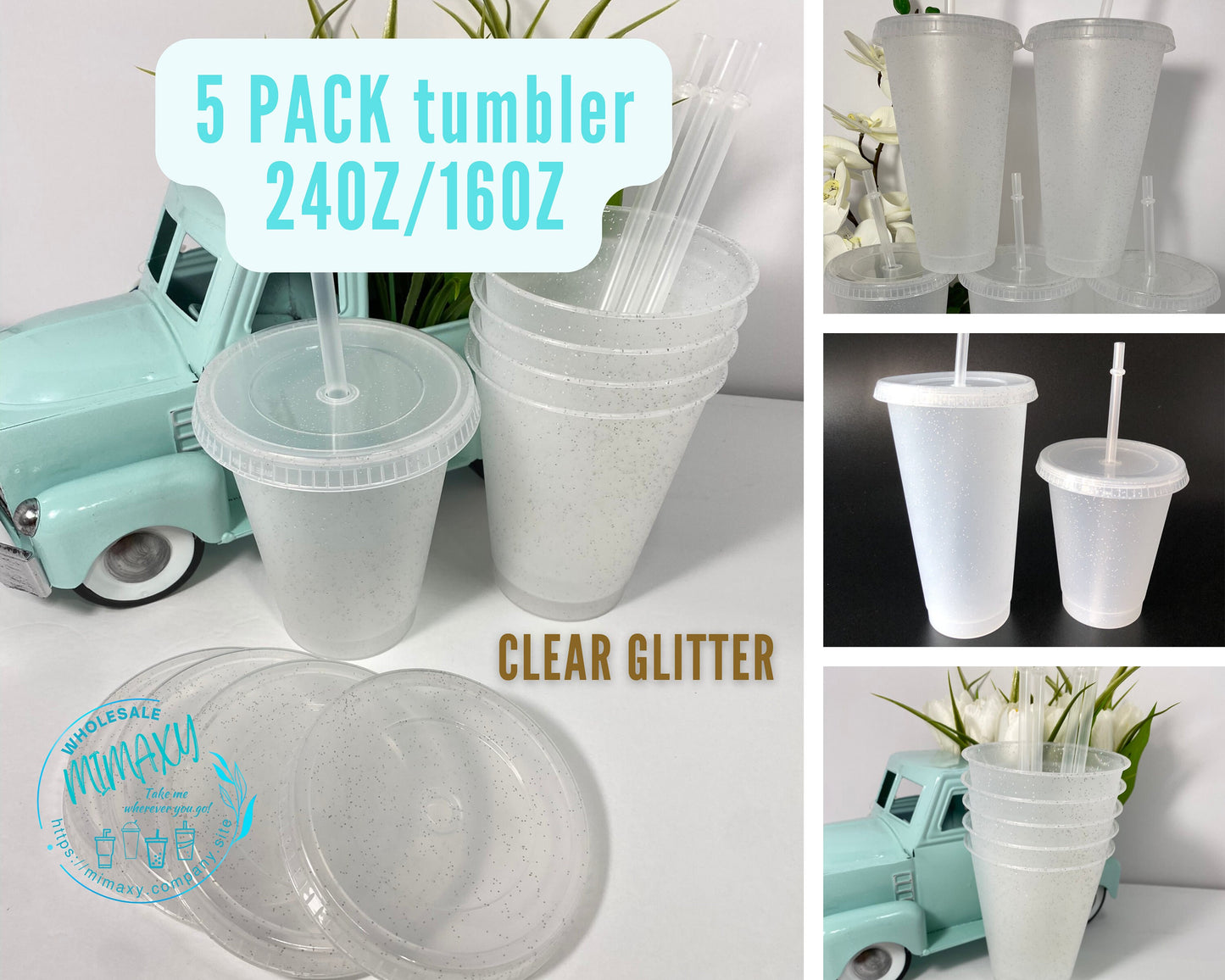 24oz & 16oz Clear Transparent cold cup / blank cup / Clear Transparent GLITTER cup lid and straw / white matte tumbler