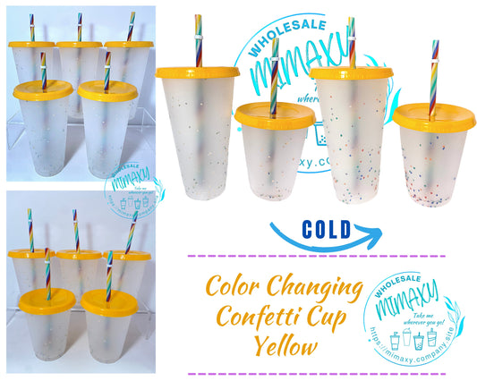 5 CUPS Teal, Green, Frosted Cup, Color CHANGING CONFETTI Cup with straw for party, Cold Beverages, Transparent, Clear, Kids, Adult