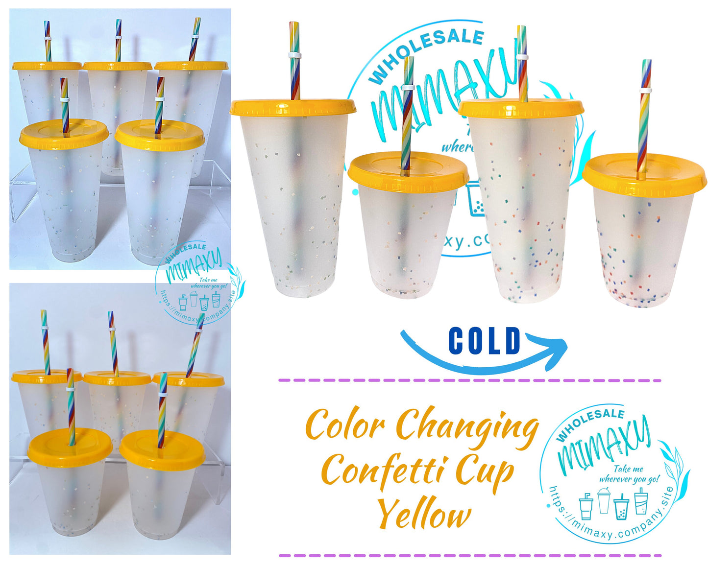 5 CUPS Light Blue, Frosted Cup, Color CHANGING CONFETTI Cup with straw for party, Cold Beverages, Rainbow, Transparent, Clear, Kids, Adult