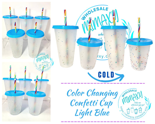 5 CUPS Frosted Cup, Color CHANGING CONFETTI Cup with straw for party, Cold Beverages, Rainbow Straw, Transparent, Clear, Kids, Adult