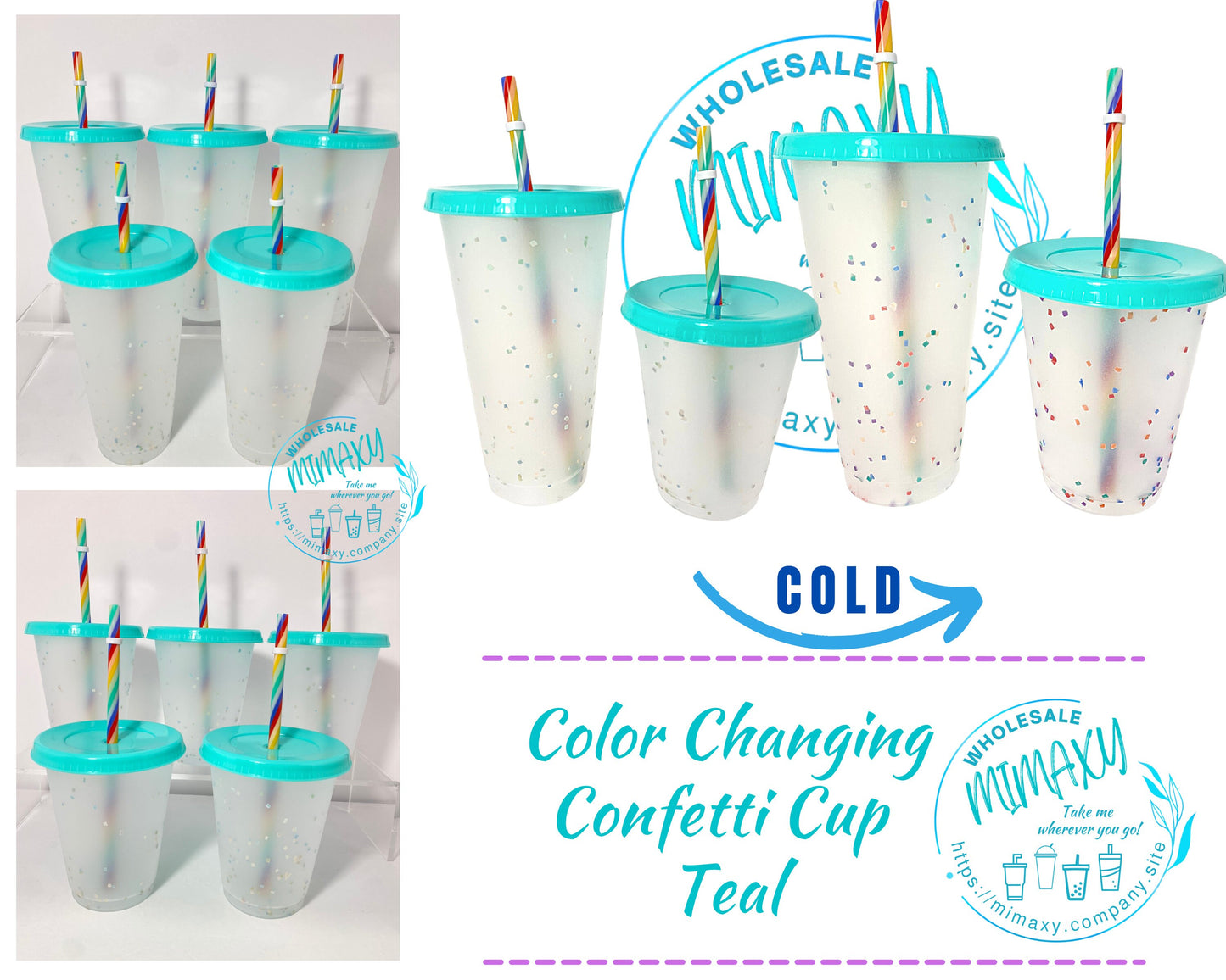 5 CUPS Light Blue, Frosted Cup, Color CHANGING CONFETTI Cup with straw for party, Cold Beverages, Rainbow, Transparent, Clear, Kids, Adult