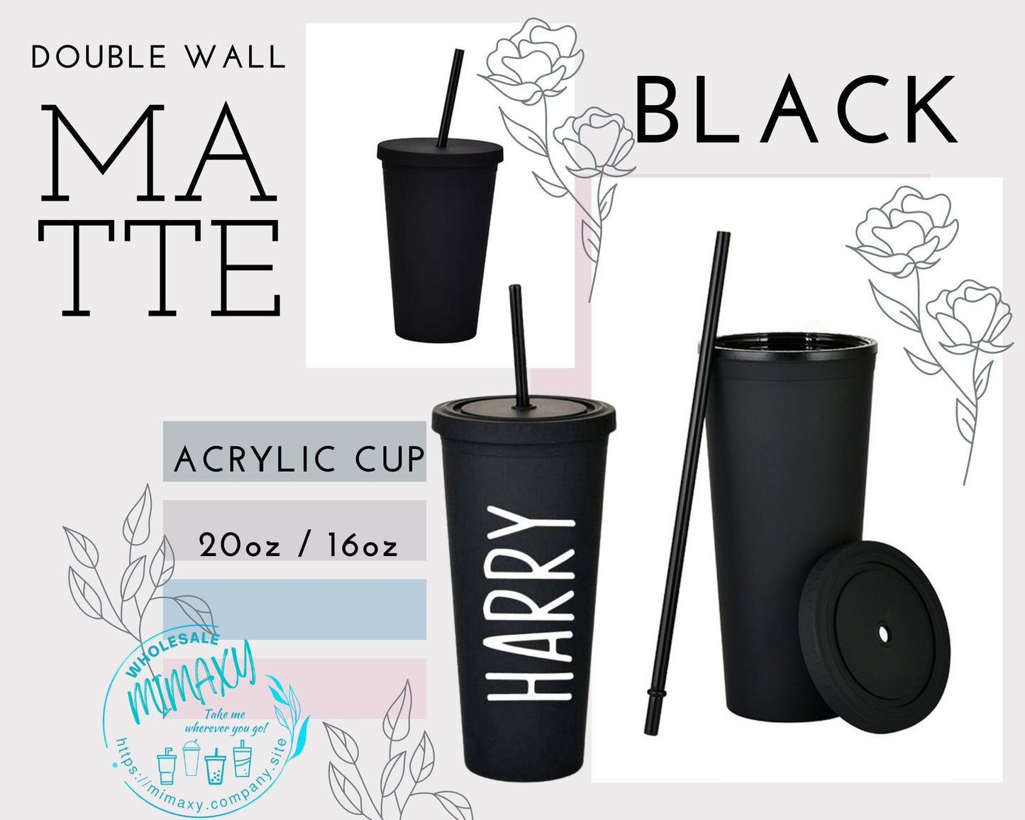 16oz/22oz. BLACK MATTE Tumbler / Double Wall Acrylic Tumbler, Blank,Pastel, Acrylic Matte Plastic, BPA Free,
