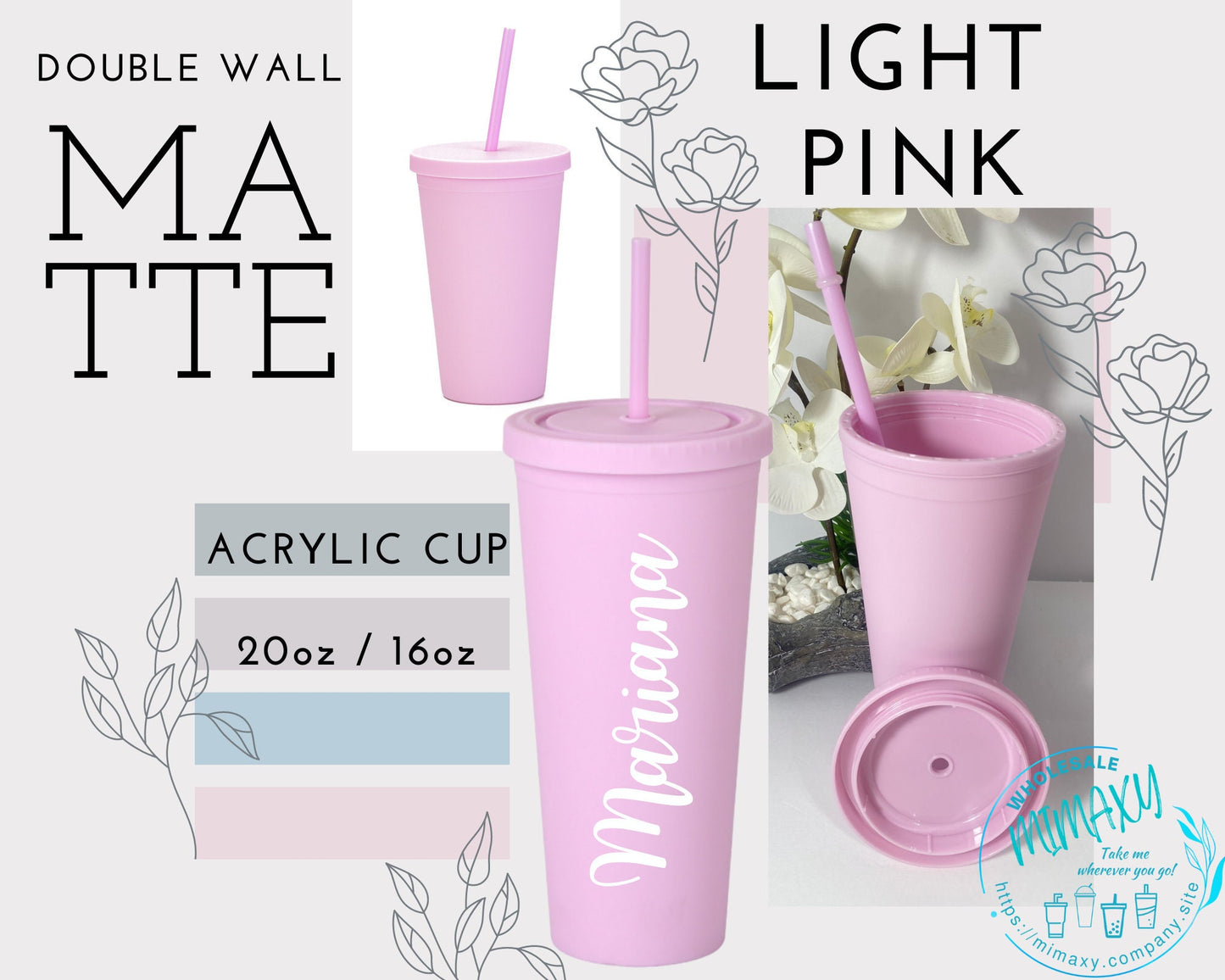 16oz/22oz. Light PINK MATTE Tumbler / Double Wall Acrylic Tumbler, Blank,Pastel, Acrylic Matte Plastic, BPA Free,