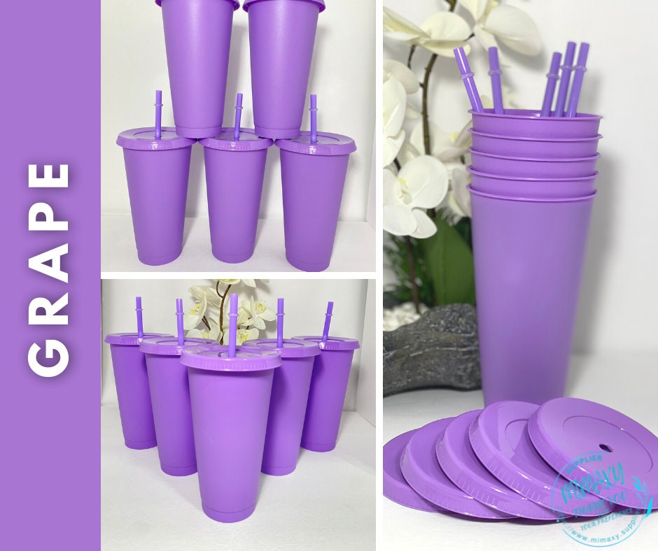 SET OF 5 Blank 24oz. Pastel Matte Colored Plastic Tumbler, 24oz. solid color cold cup, cup with straw and lid, Reusable, venti, lid & straw