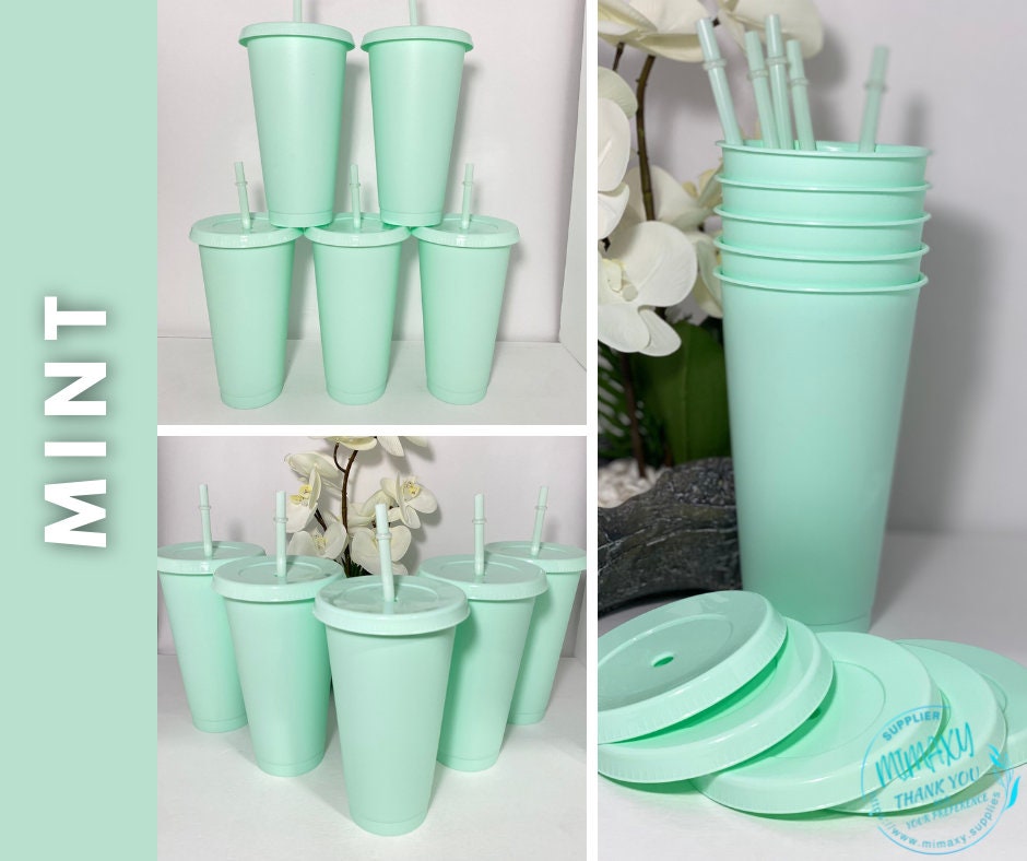 SET OF 5 Blank 24oz. Pastel Matte Colored Plastic Tumbler, 24oz. solid color cold cup, cup with straw and lid, Reusable, venti, lid & straw