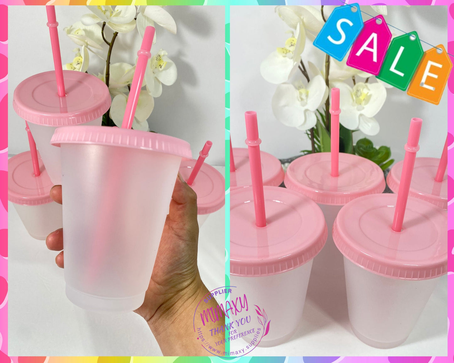 16 oz, FROSTED Plastic Cups, tumbler, reusable, lid color, blue, green, pink, red, fiusha, 5cups per Pack / DIY/ Perfect for crafting/ Blank