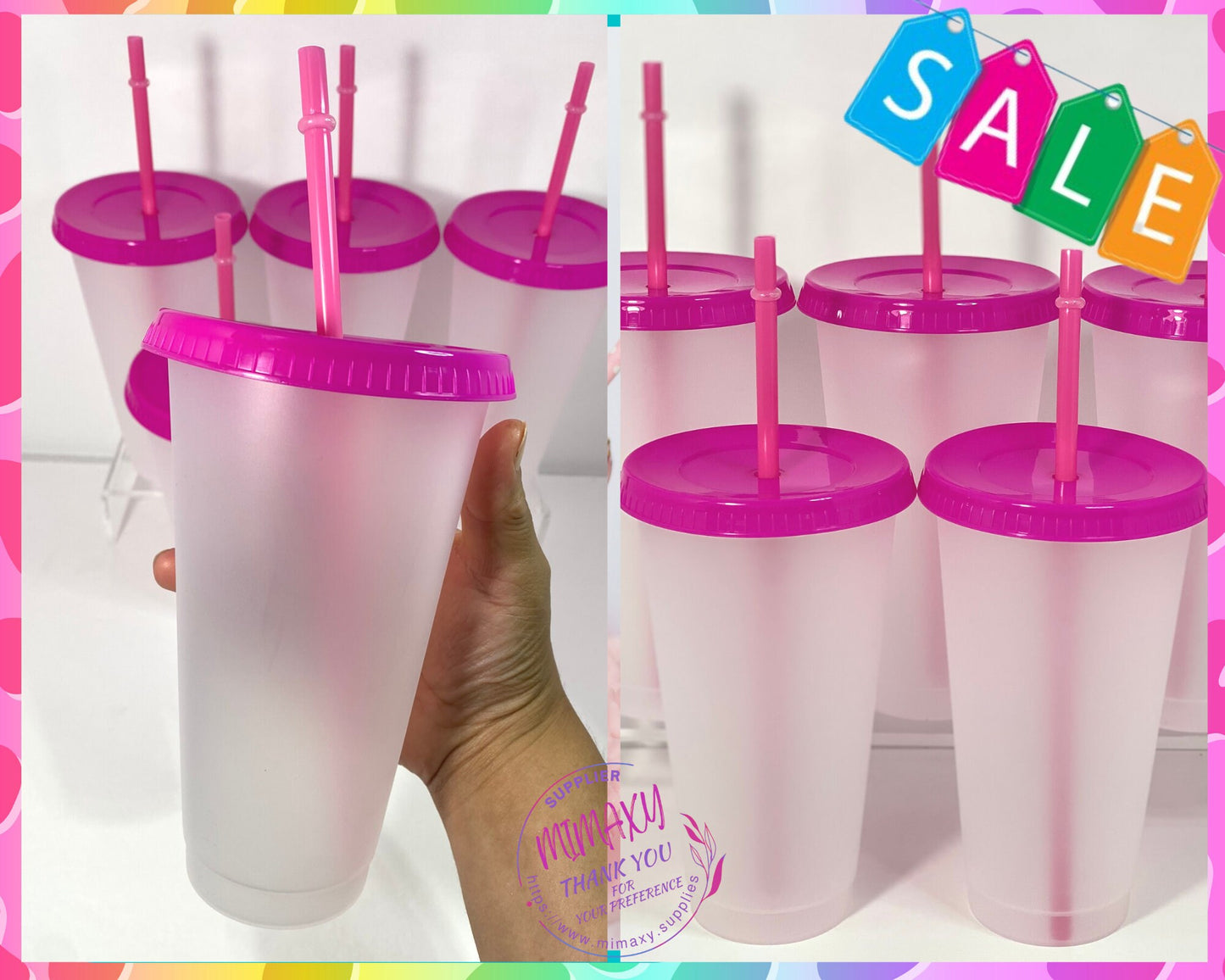 24 oz, FROSTED Plastic Cups, tumbler, reusable, lid color, blue, green, pink, red, fiusha, 5cups per Pack / DIY/ Perfect for crafting/ Blank