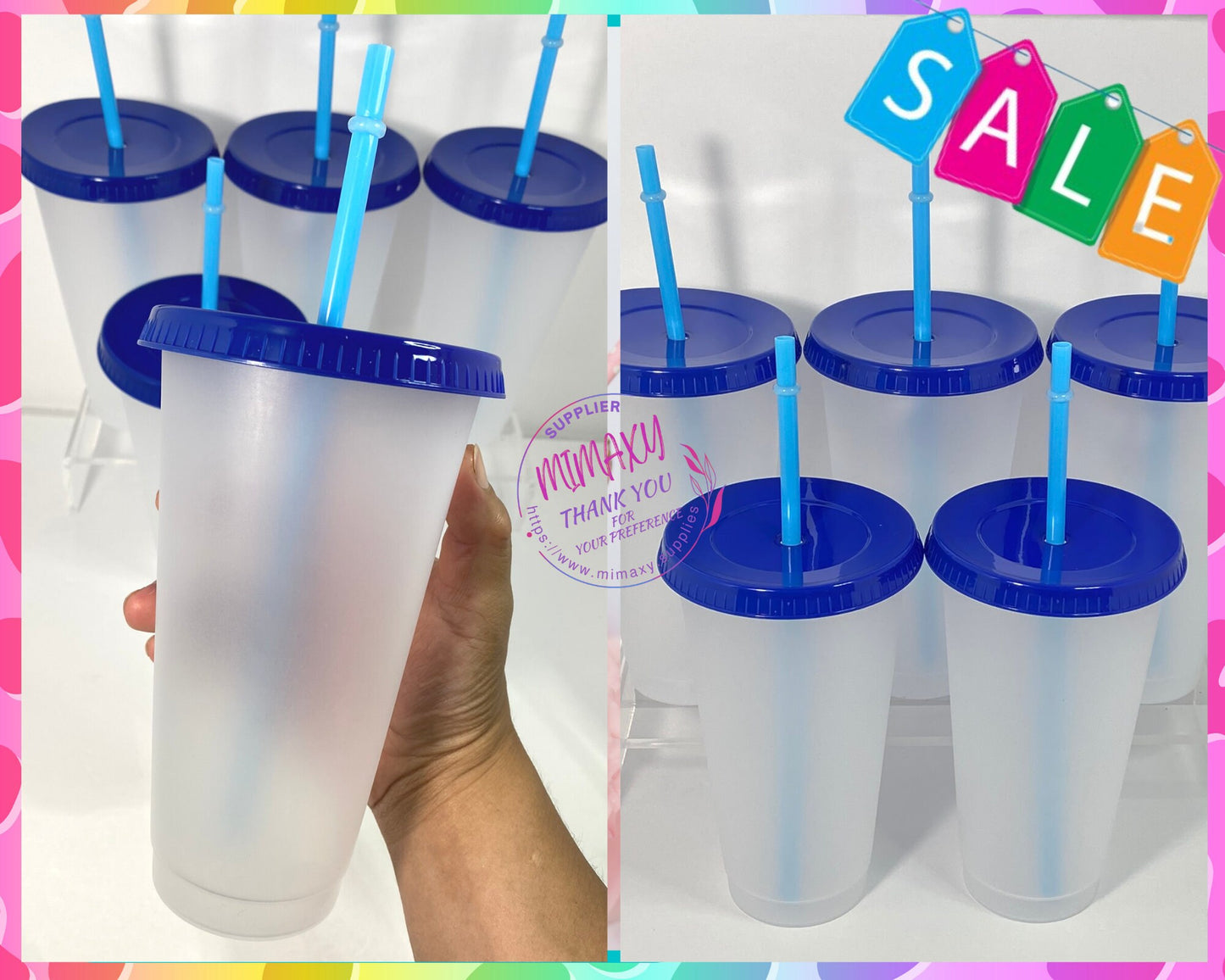 24 oz, FROSTED Plastic Cups, tumbler, reusable, lid color, blue, green, pink, red, fiusha, 5cups per Pack / DIY/ Perfect for crafting/ Blank