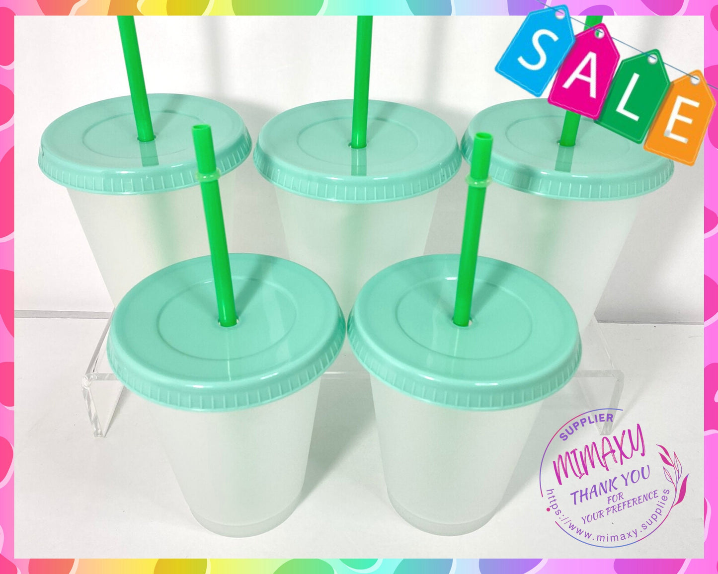 16 oz, FROSTED Plastic Cups, tumbler, reusable, lid color, blue, green, pink, red, fiusha, 5cups per Pack / DIY/ Perfect for crafting/ Blank
