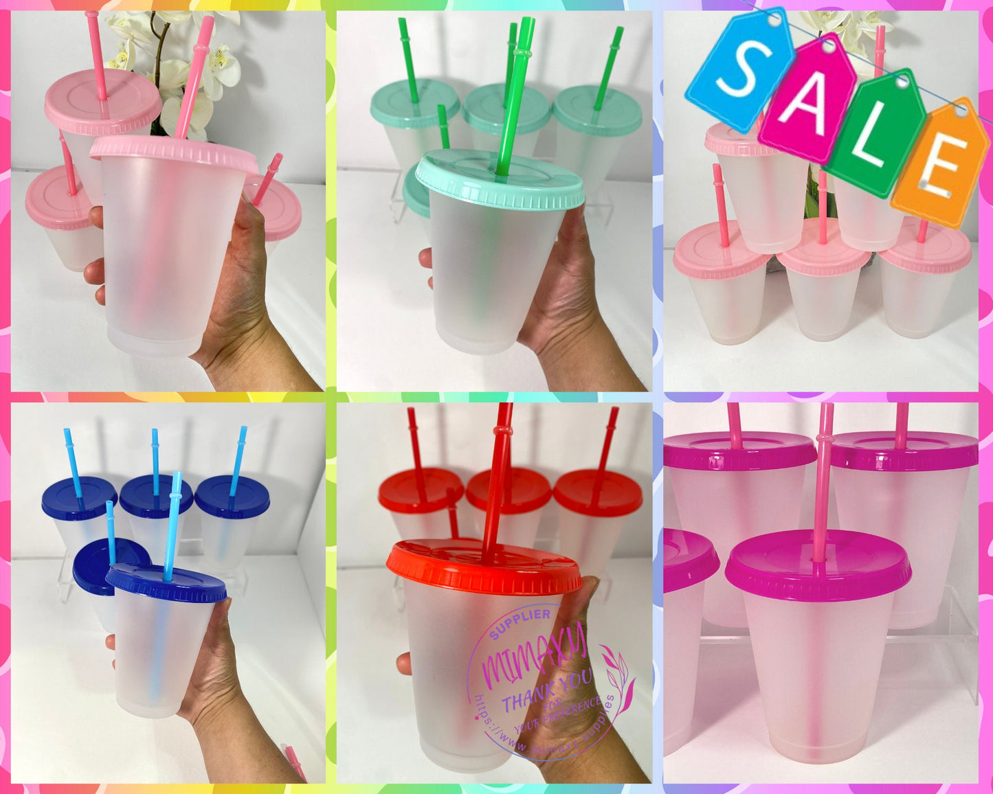 16 oz, FROSTED Plastic Cups, tumbler, reusable, lid color, blue, green, pink, red, fiusha, 5cups per Pack / DIY/ Perfect for crafting/ Blank