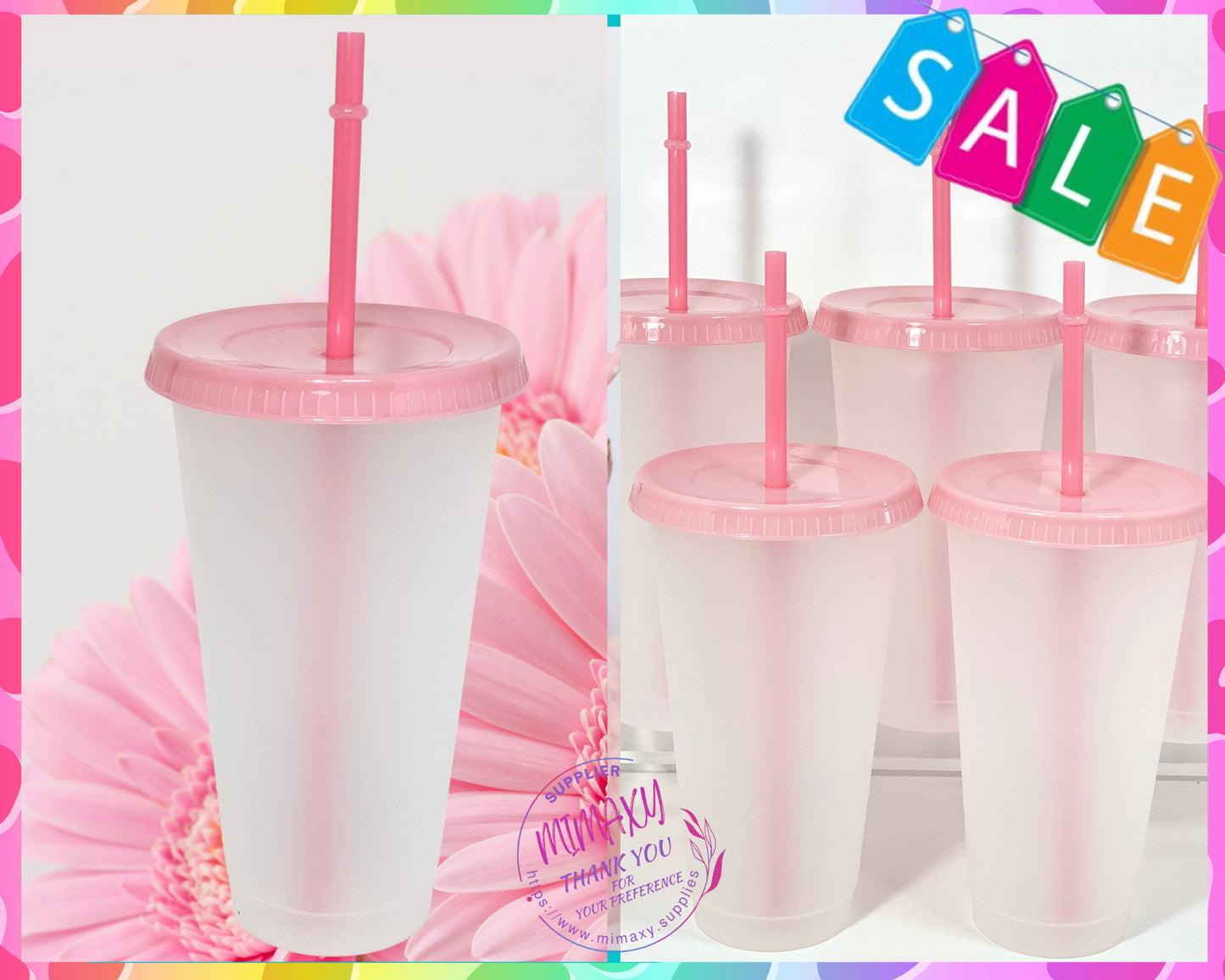 24 oz, FROSTED Plastic Cups, tumbler, reusable, lid color, blue, green, pink, red, fiusha, 5cups per Pack / DIY/ Perfect for crafting/ Blank