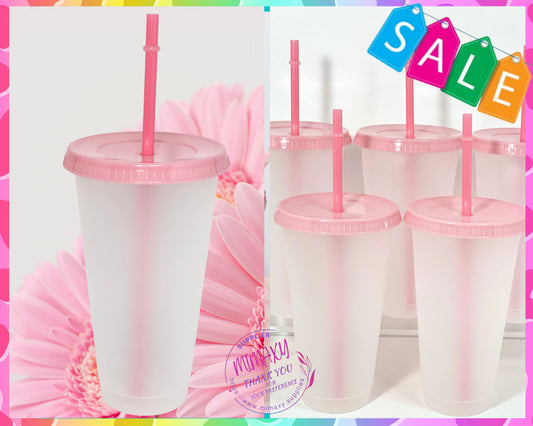 24 oz, FROSTED Plastic Cups, tumbler, reusable, lid color, blue, green, pink, red, fiusha, 5cups per Pack / DIY/ Perfect for crafting/ Blank