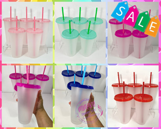 24 oz, FROSTED Plastic Cups, tumbler, reusable, lid color, blue, green, pink, red, fiusha, 5cups per Pack / DIY/ Perfect for crafting/ Blank