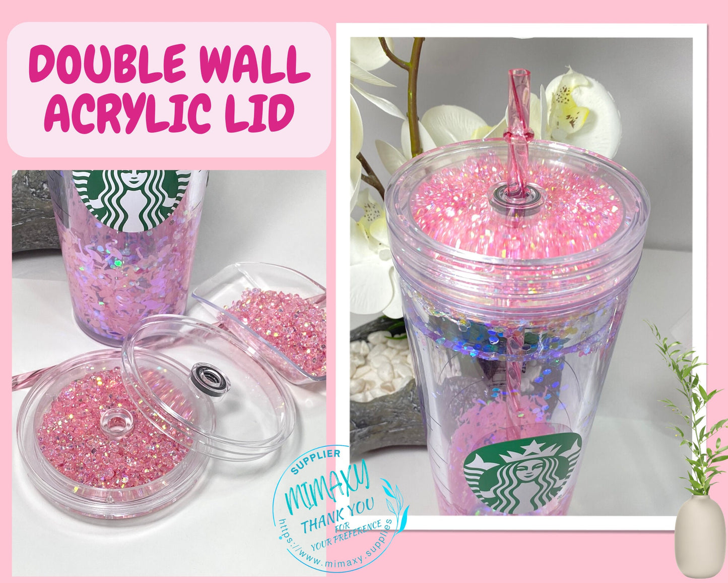 NEW FILLABLE Acrylic double wall LID, snow globe lid, accesories, double, wall, tumbler, plastic, resin, rhinestone,