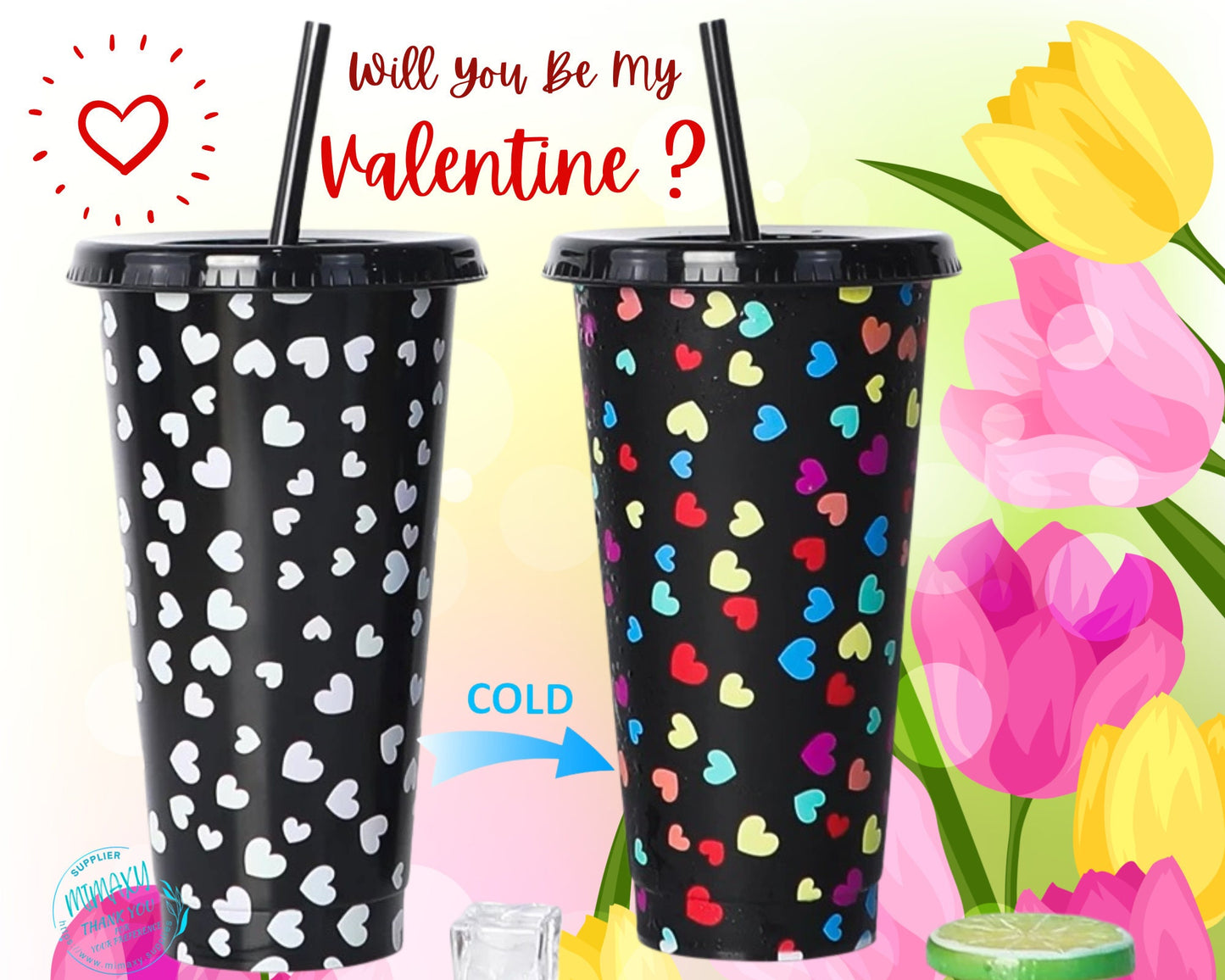 24oz. HEART TUMBLER, Bundles of 5 Cups, Valentines day gift, Mother's Day, gift, Color Changing Cold Cups, DIY, be my valentine, blank, Love