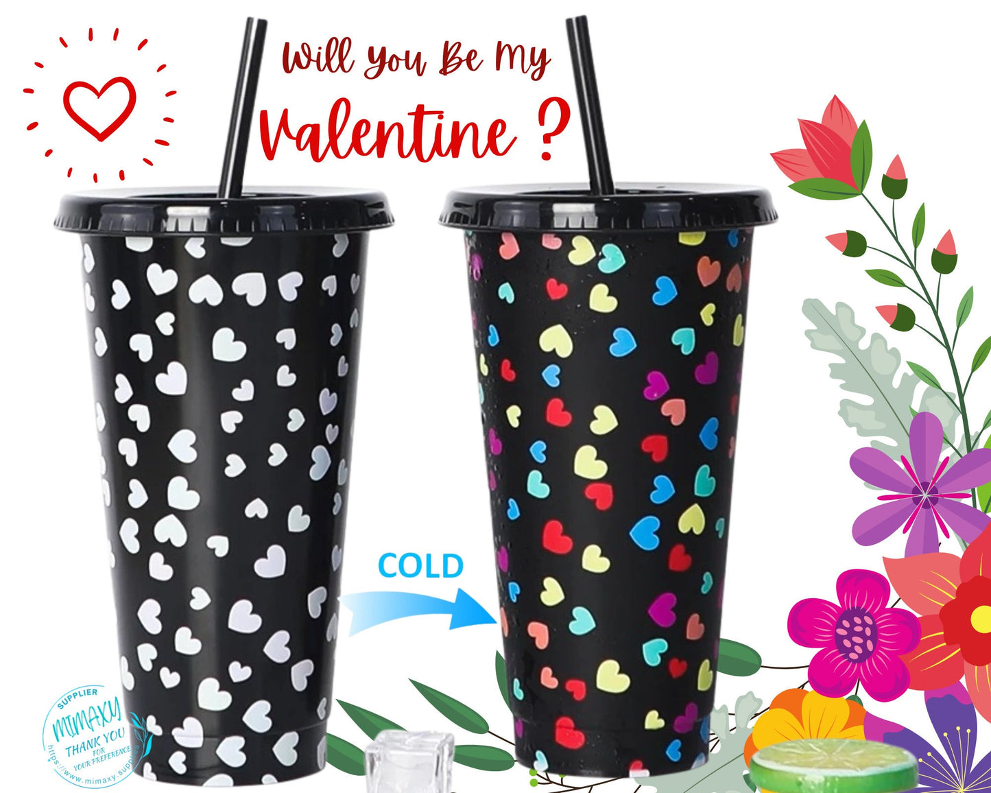 24oz. HEART TUMBLER, Bundles of 5 Cups, Valentines day gift, Mother's Day, gift, Color Changing Cold Cups, DIY, be my valentine, blank, Love