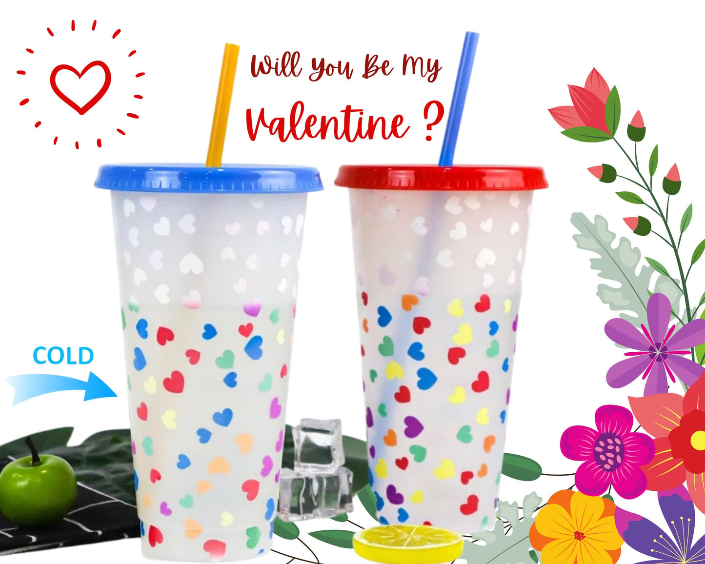 24oz. HEART TUMBLER, Bundles of 5 Cups, Valentines day gift, Mother's Day, gift, Color Changing Cold Cups, DIY, be my valentine, blank, Love