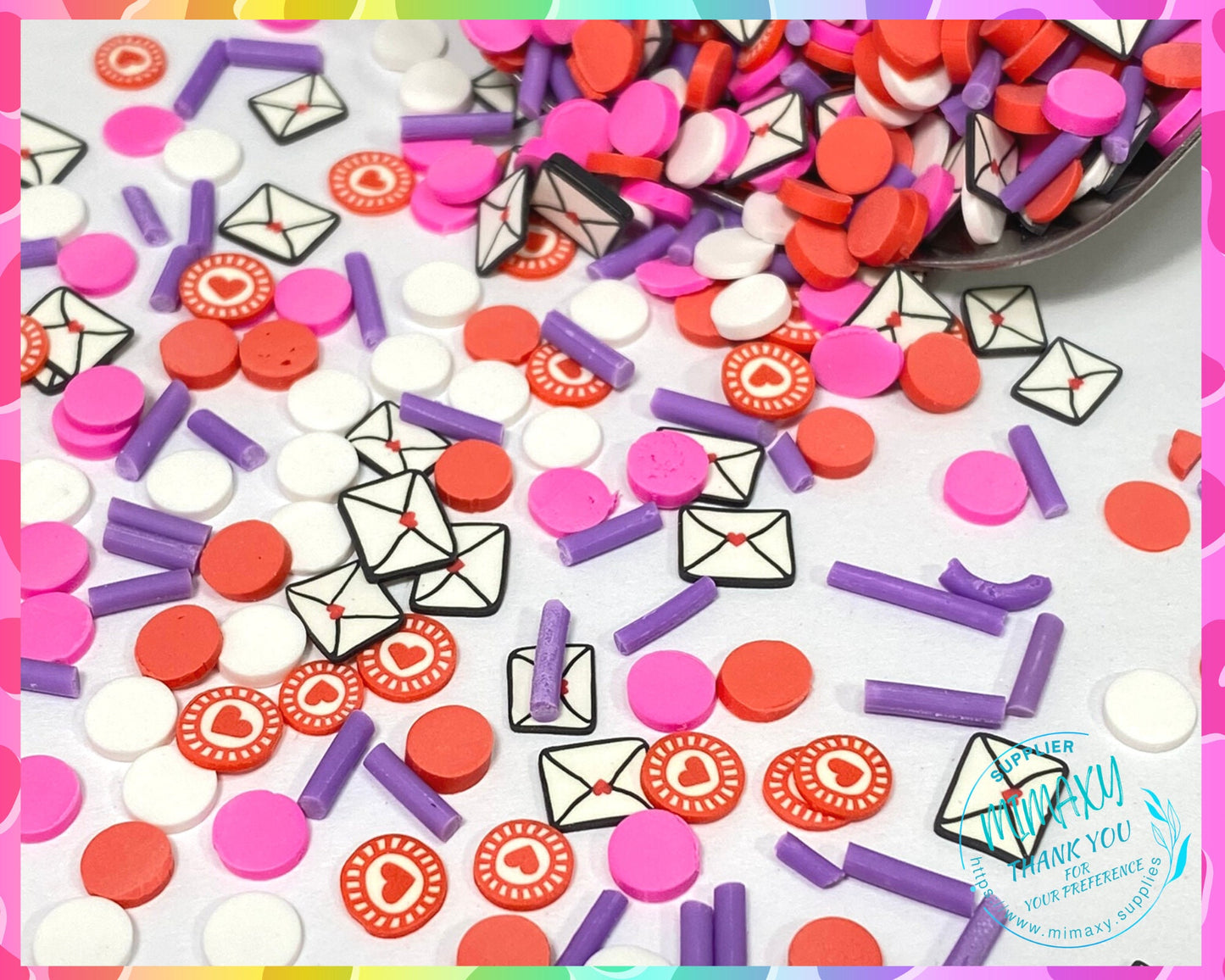 5mm MIX VALENTINE Envelope, heart and kisses , Polymer Clay Slices / mix Valentine's day, hearts, chocolate, kiss me, be mine, LOVE 017