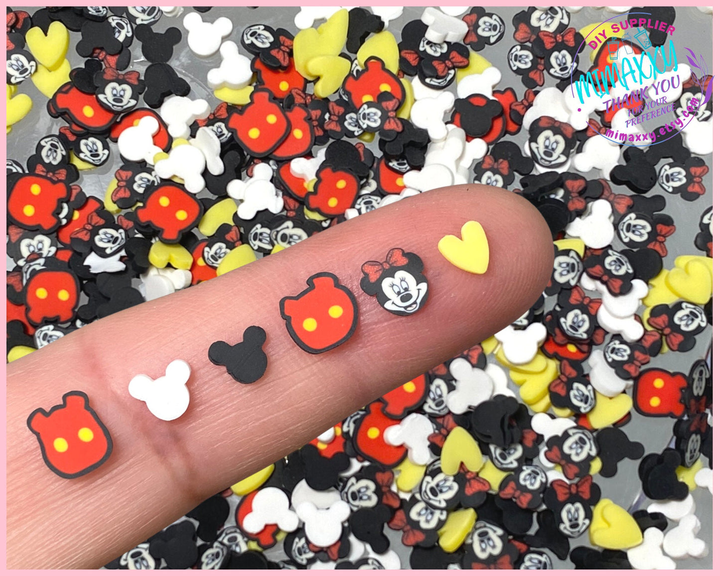 5mm Mix MOUSE ITEMS, Mouse Face, Ears Red Black Sprinkle Slime, Polymer Clay Slice Slices Fake Bake Nail Art Faux Craft , CARTOON 008
