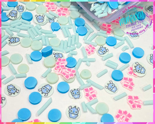 5mm Mix Ohana Friends, Aloha, blue alien, Sprinkle Slime, Polymer Clay Slice Slices Fake Bake Nail Art Faux Craft , CARTOON MIX 008