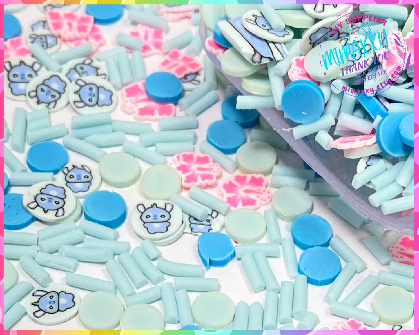 5mm Mix Ohana Friends, Aloha, blue alien, Sprinkle Slime, Polymer Clay Slice Slices Fake Bake Nail Art Faux Craft , CARTOON MIX 008