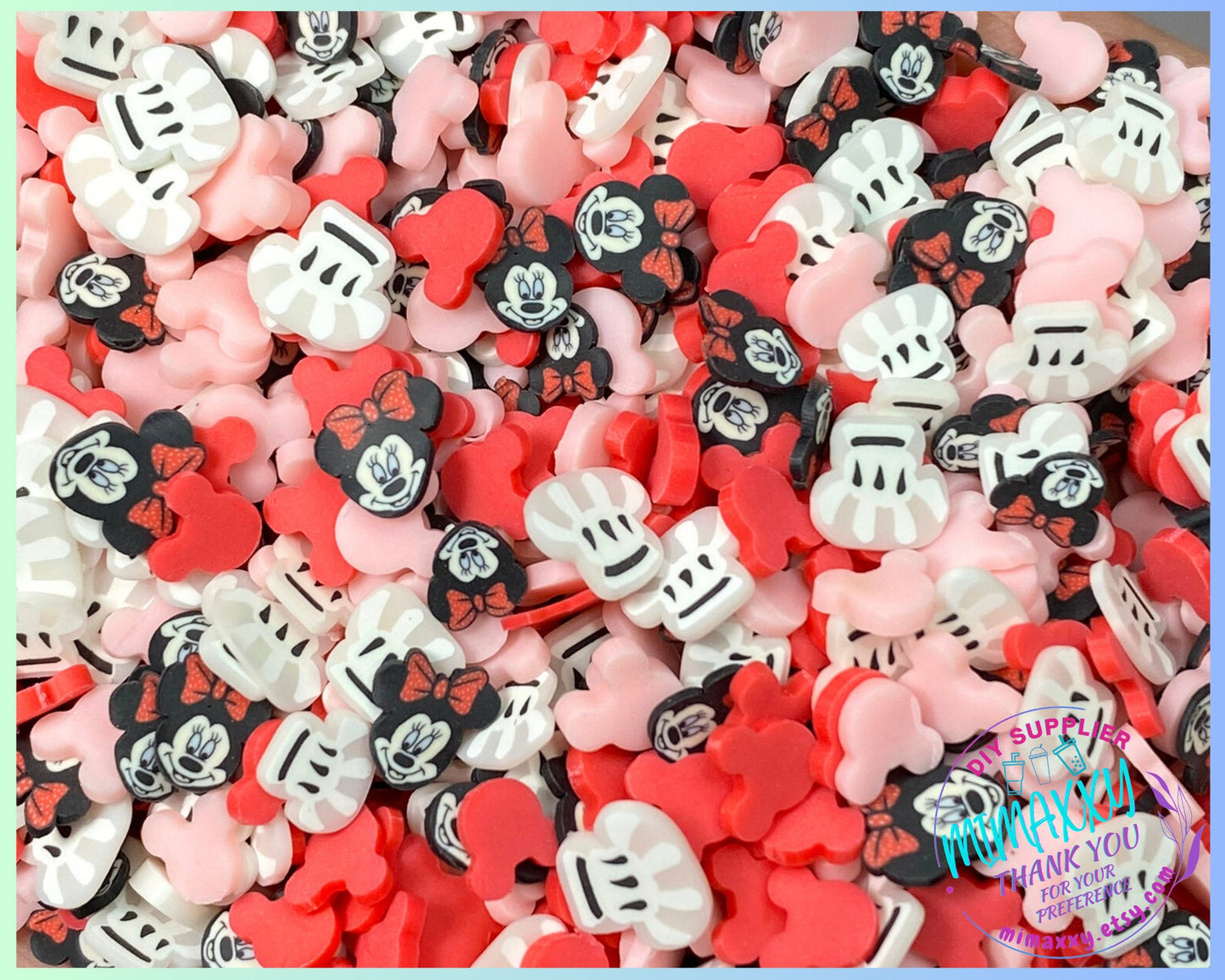 5mm Mouse girl in love, Ears Red Black Sprinkle Slime Polymer Clay Slice Slices Fake Bake Nail Art Faux Craft Ships, MOUSE ITEMS 006