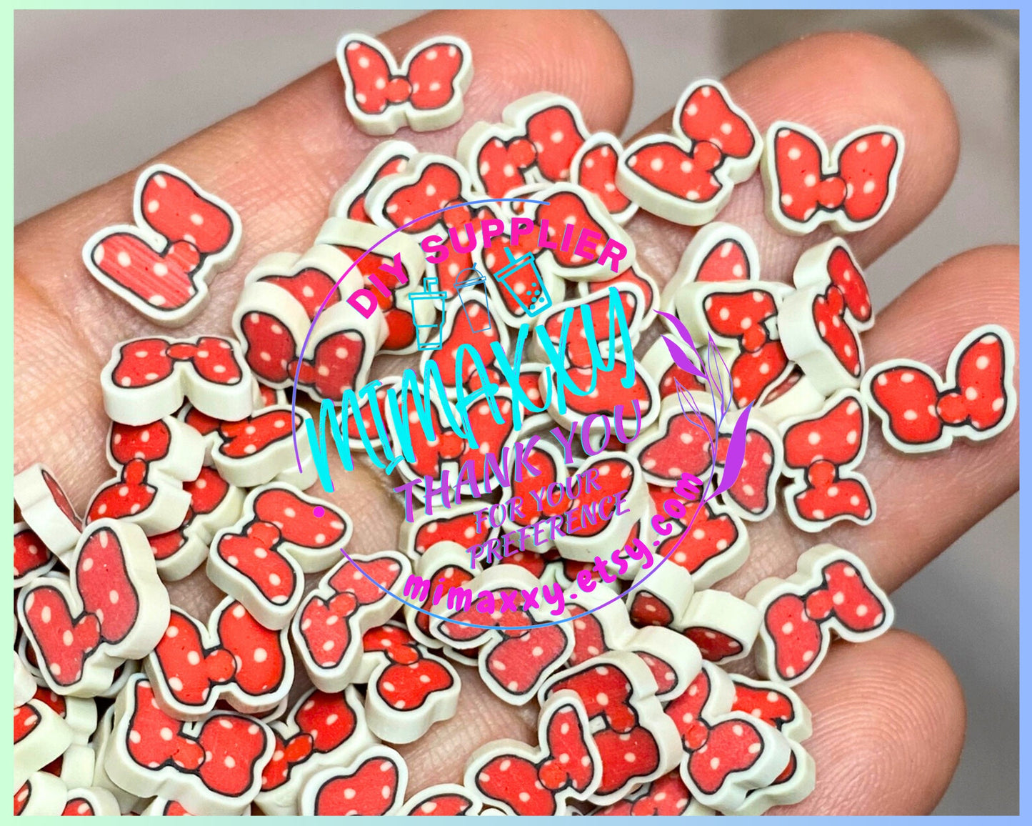 10mm Bow Mouse, Ears Red Black Sprinkle Slime, Polymer Clay Slice Slices Fake Bake Nail Art Faux Craft , MOUSE ITEMS 001