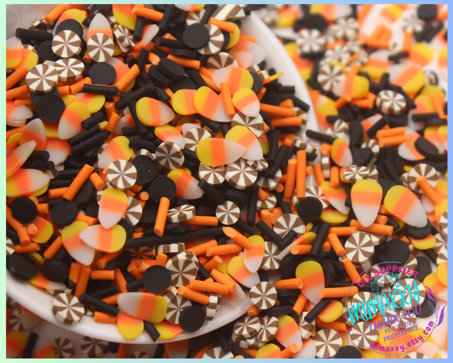 5mm Happy Fall, candy corn/ Sprinkle, Slime Polymer Clay Slices, Fake Bake Nail, Craft, black, white, orange,