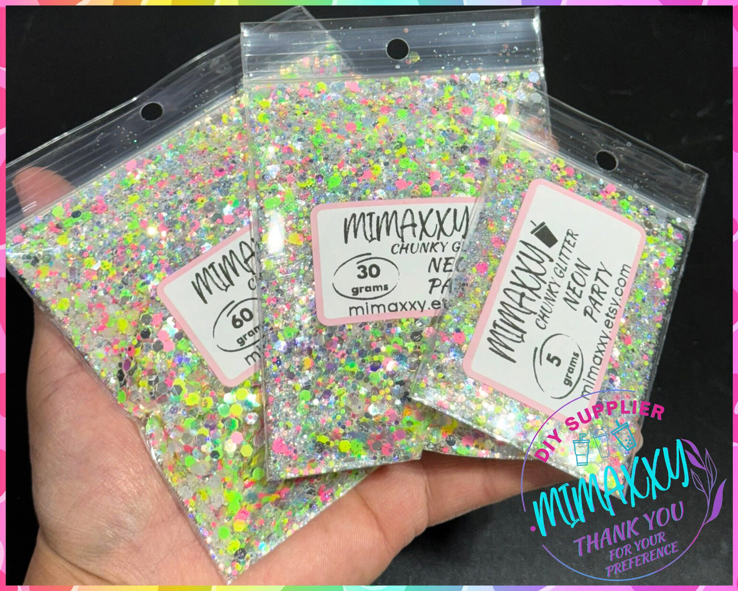 NEON PARTY , Chunky Glitter Mix, nail art, Cosmetic Glitter,Nail Art, Resin art,Snow Globe Tumbler,Craft, iridescent, 80, Mirror 005
