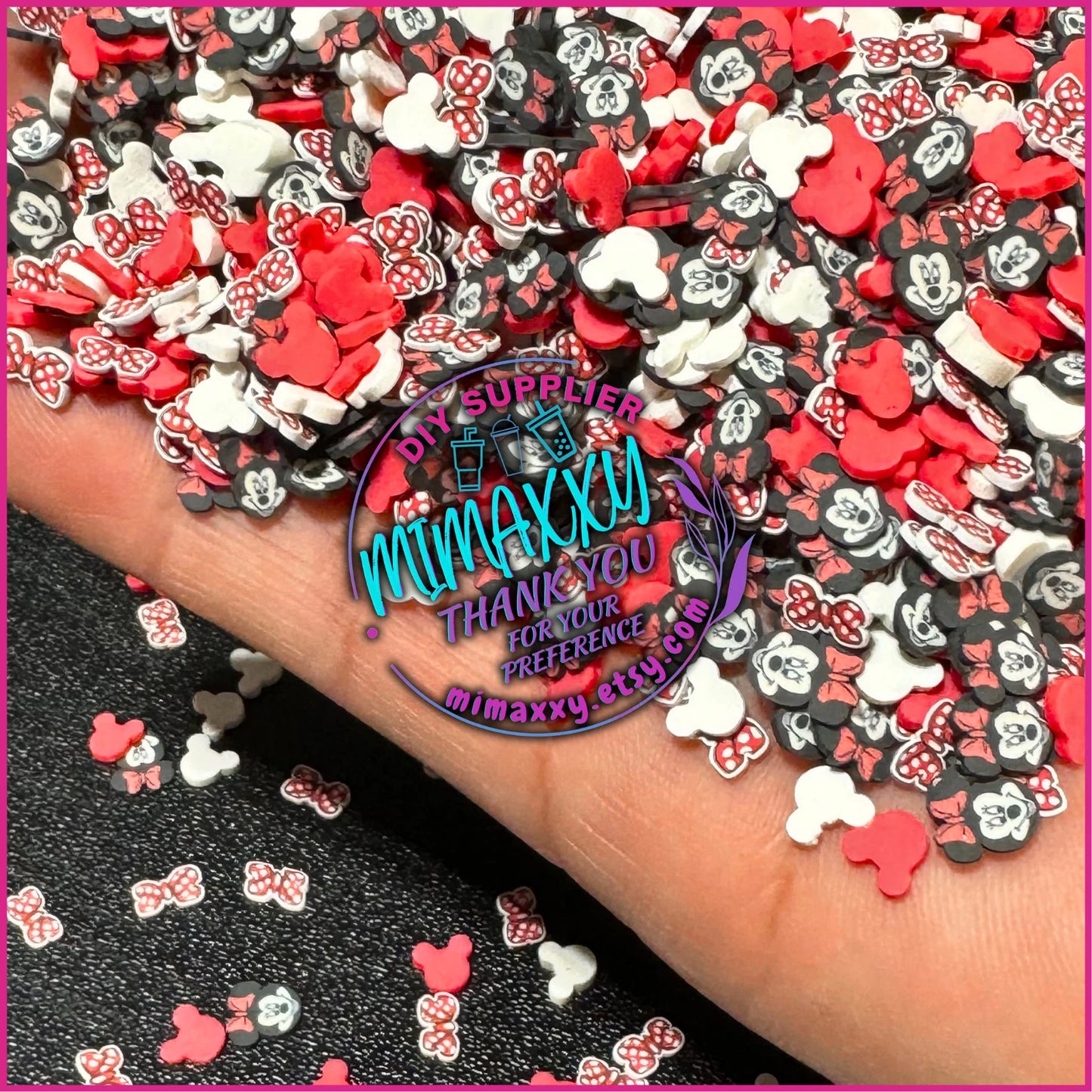 5mm Mix Mouse Girl, Mouse Face, Ears Red Black Sprinkle Slime, Polymer Clay Slice Slices Fake Bake Nail Art Faux Craft , MOUSE ITEMS 008