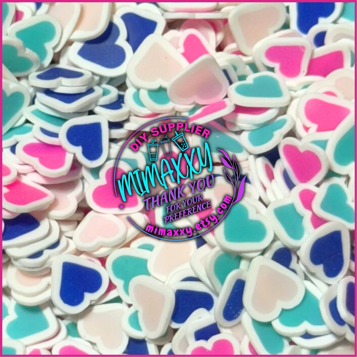 5mm Hearts Blue, pink, Turquoise,  Polymer Clay Slices cherries, hearts, valentine, pearls, kisses, icecream, pink, LOVE 036