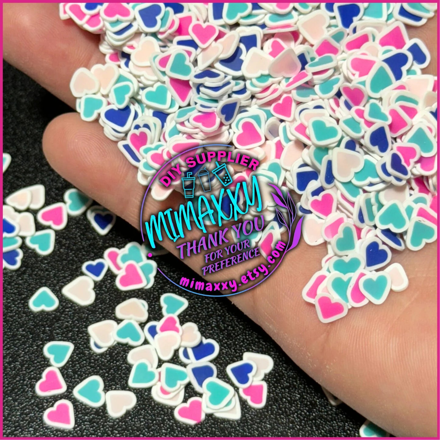 5mm Hearts Blue, pink, Turquoise,  Polymer Clay Slices cherries, hearts, valentine, pearls, kisses, icecream, pink, LOVE 036